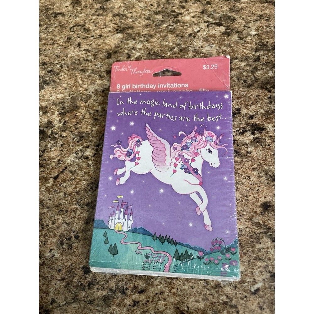Tender Thoughts Greetings Unicorn Castle Birthday Girl Invitations 8 Pack NIP